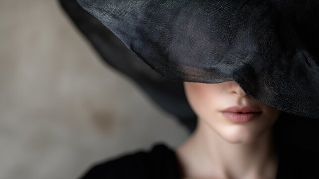 Close-up portrait of a woman's face. she is wearing a black hat that covers her entire face. the hat is tilted slightly to the side, covering her eyes and nose.
