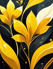 Bold, stylized floral art.  Vibrant yellow leaves, textured dark background, hints of gold