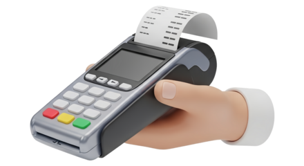 A hand holding a point-of-sale terminal with a receipt printing out, isolated on white.