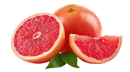 Whole and sliced pink grapefruit with leaves isolated on transparent background