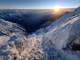Breathtaking Snow-Covered Mountain Landscape at Sunrise