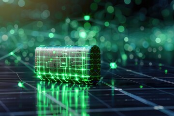 A dark rectangular object with glowing green circuitry rests on a dark surface resembling a circuit board, with a bokeh background of green lights and network connections