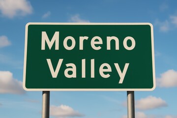 Green road sign with white "Moreno Valley" text, placed under a bright blue sky with scattered fluffy clouds.