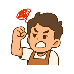 Angry man cartoon shouting illustration. Upset character with apron emotional expression. Frustrated man mascot showing anger flat design.