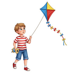 Joyful child flying a colorful diamond kite on a windy day with a long tail