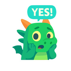 Cute dragon cartoon surprised with yes text. Adorable green dragon mascot shocked expression. Funny dragon character emotional illustration.