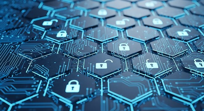 Hexagonal grid with lock icons, symbolizing data security, encryption, and digital access control - Powered by Adobe