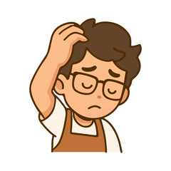 Confused man cartoon scratching head illustration. Worried character with glasses apron expression. Sad man mascot emotional flat design.