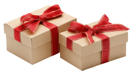 Obraz premium Two festive gift boxes with red ribbon bows isolated on transparent background