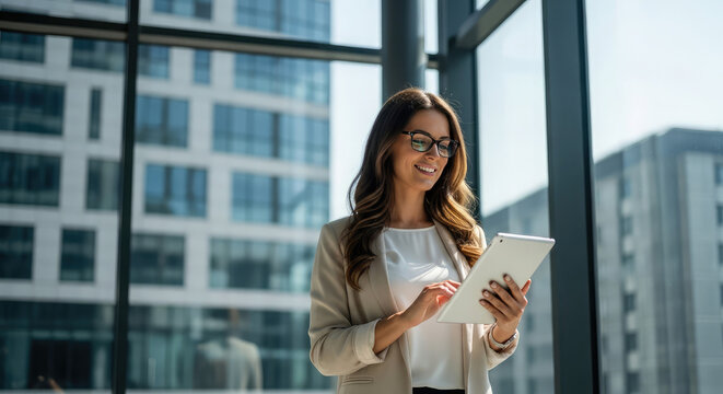 Professional woman using a tablet in a bright modern office environment