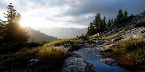 Serene Mountain Stream at Sunset