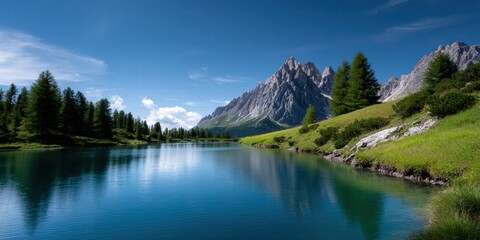 Serene Mountain Lake Scenery with Towering Peaks