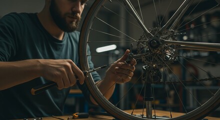 Man repairing bicycle wheel with screwdriver in workshop using tools and spare parts for bike maintenance and assembly close-up attention to detail and mechanical work skills