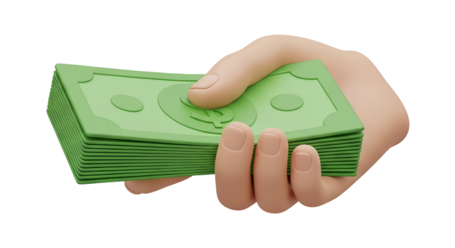 Cartoon hand holding a stack of green dollar bills.