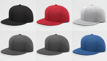 Blank flat snap back hat 6 set on white background 