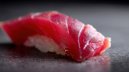 Close-up of a piece of raw tuna sashimi on a black surface. the tuna is pink in color and appears to be thinly sliced. the edges of the tuna are slightly curled, giving it a textured appearance.