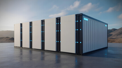 A 3D render of a large, utility-scale battery storage unit like a Megapack.