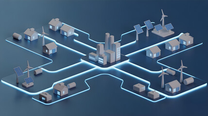 A 3D model of a smart grid concept a city with glowing lines connecting houses, factories, and renewable sources like solar and wind farms