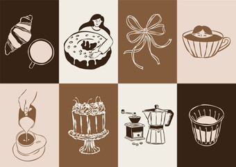 Retro coffee and desserts doodles. Art for greeting cards, restaurant menu, postcards, brand identity, logo design, patterns.	