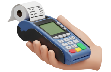 A hand holding a portable credit card payment terminal with a receipt printing out.