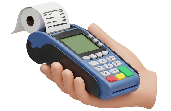 A hand holding a portable credit card payment terminal with a receipt printing out. - Powered by Adobe