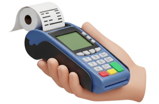 A hand holding a portable credit card payment terminal with a receipt printing out.
