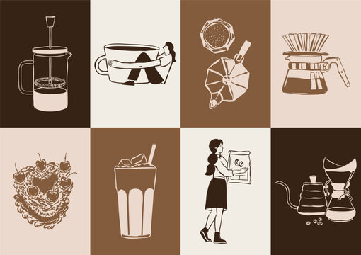 Retro coffee and desserts doodles. Art for greeting cards, restaurant menu, postcards, brand identity, logo design, patterns.	