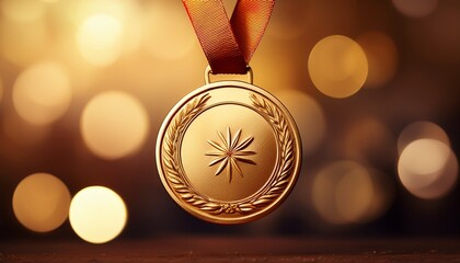 gold medal with ribbon for first place on bokeh brown background champion and winner concept