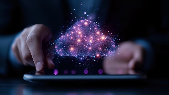 Glowing purple cloud with sparkles floating above digital tablet screen while person works in dark room, concept of cloud computing and digital technology.