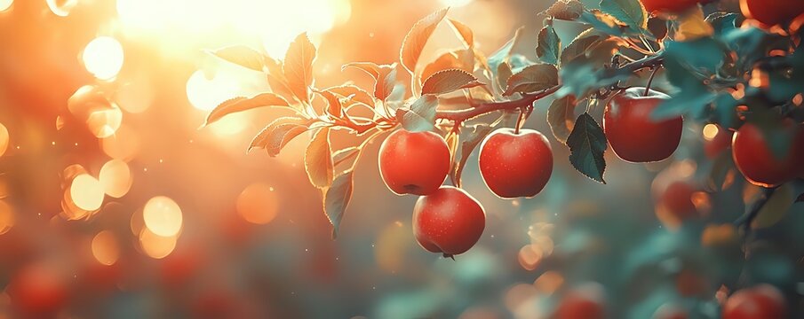 Fresh red apples hanging on tree branch at sunset with golden bokeh lights and teal leaves creating magical garden atmosphere. Perfect for harvest season.