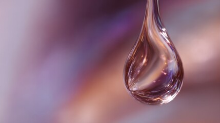 Close-up of a single drop of water. the drop is in the center of the image and is slightly tilted to the right. it appears to be made of a transparent material, with a smooth and shiny surface.