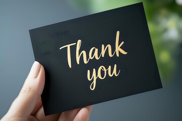 Elegant gold lettering thank you message on black card held by feminine hand against blurred background, modern calligraphy style greeting card design.