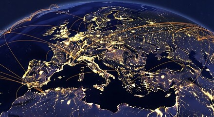 Night view of planet earth from space, showing illuminated cities and glowing flight paths connecting continents across europe and africa