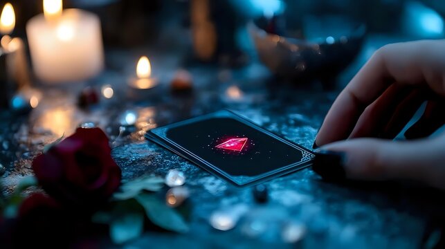 Mystical playing card with glowing pink symbol in dark atmospheric setting with candles, rose petals and scattered crystals creating magical ambiance. - Powered by Adobe