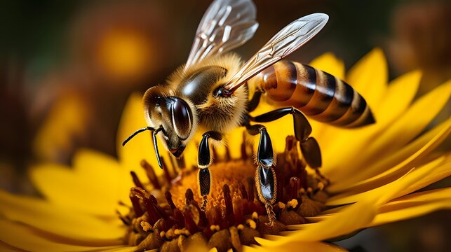 Macro shot of honey bee collecting pollen from bright yellow sunflower petals against dark background, showing detailed wing structure and body segments. - Powered by Adobe