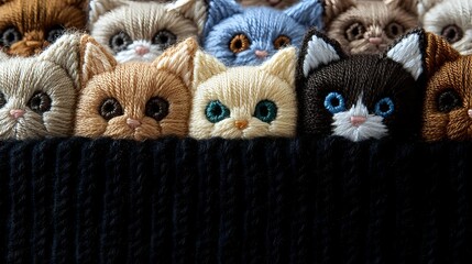Adorable cat faces peeking over black knitted fabric, featuring various breeds with bright eyes in different colors and fur patterns, creating playful composition.