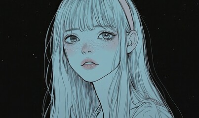 Anime style portrait of a dreamy woman with light blue hair and freckles