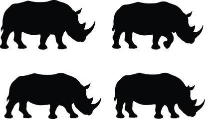 Rhino Silhouette Set – Four Black Rhinoceros Outlines in Walking Poses for Wildlife, Safari, and Design Use