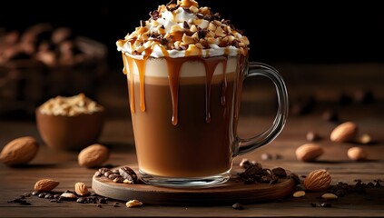 Hot chocolate topped with whipped cream, caramel drizzle and nuts in glass mug on wooden board, dark moody background with scattered coffee beans and nuts.