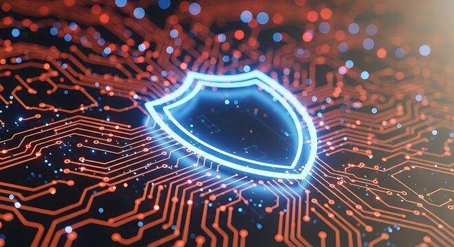 Glowing blue shield icon on a circuit board background with red and blue light effects, representing digital security and protection