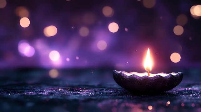 Glowing diya lamp with soft bokeh lights in dark purple background creates spiritual and festive atmosphere for meditation and celebration.