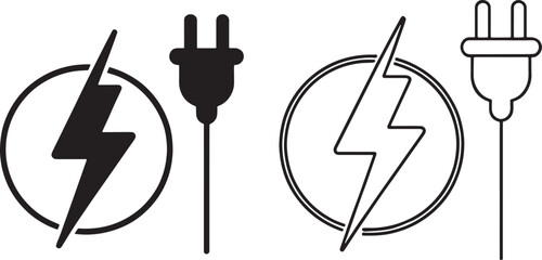 Electric Power Icons – Lightning Bolt and Plug Vector Symbols