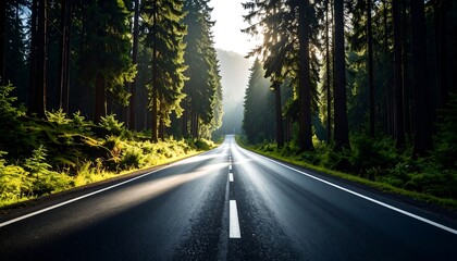 Forest road stretches into sunlight
