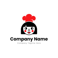 Cute cartoon chef girl character with red hat logo