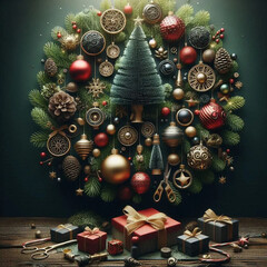 Creative Christmas tree design with ornaments and presents in a festive green setting, capturing the holiday spirit and celebration