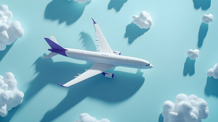 Airplane Flying Dream: Clean white airliner gracefully soars amid fluffy clouds on a serene light blue background evoking travel, leisure, and the adventure of flight in a visually appealing design