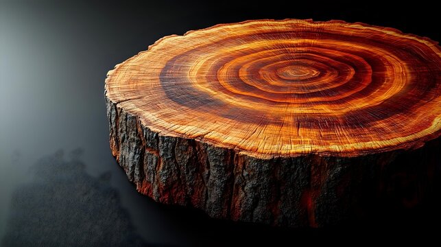 Cross section of tree trunk showing vibrant growth rings and bark texture against dark background, natural wood grain pattern highlights annual cycles.