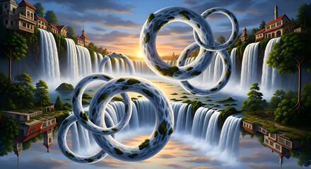 Surreal Waterfall Landscape with Floating Stone Rings