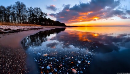Dramatic winter sunset over frozen lake shore with ice fragments reflecting orange sky and silhouetted trees, creating mirror-like panoramic view at dusk.