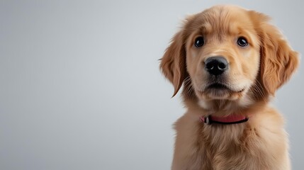 Golden retriever puppy with soft fur and innocent expression wearing red collar against neutral gray background, close-up portrait orientation.